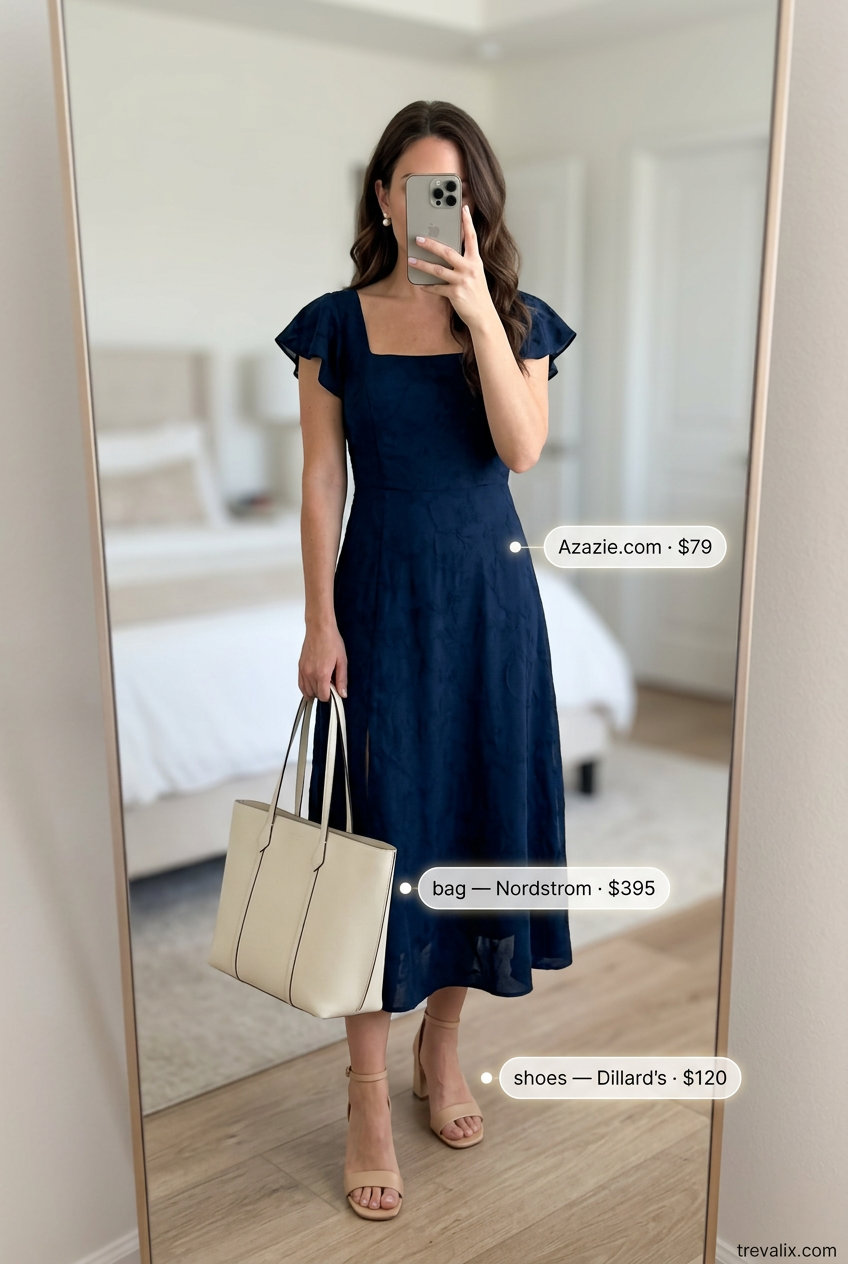 What to Wear with Sundress Summer 2026: Navy midi sundress, block heels, pearl earrings, and structured tote for a polished look.