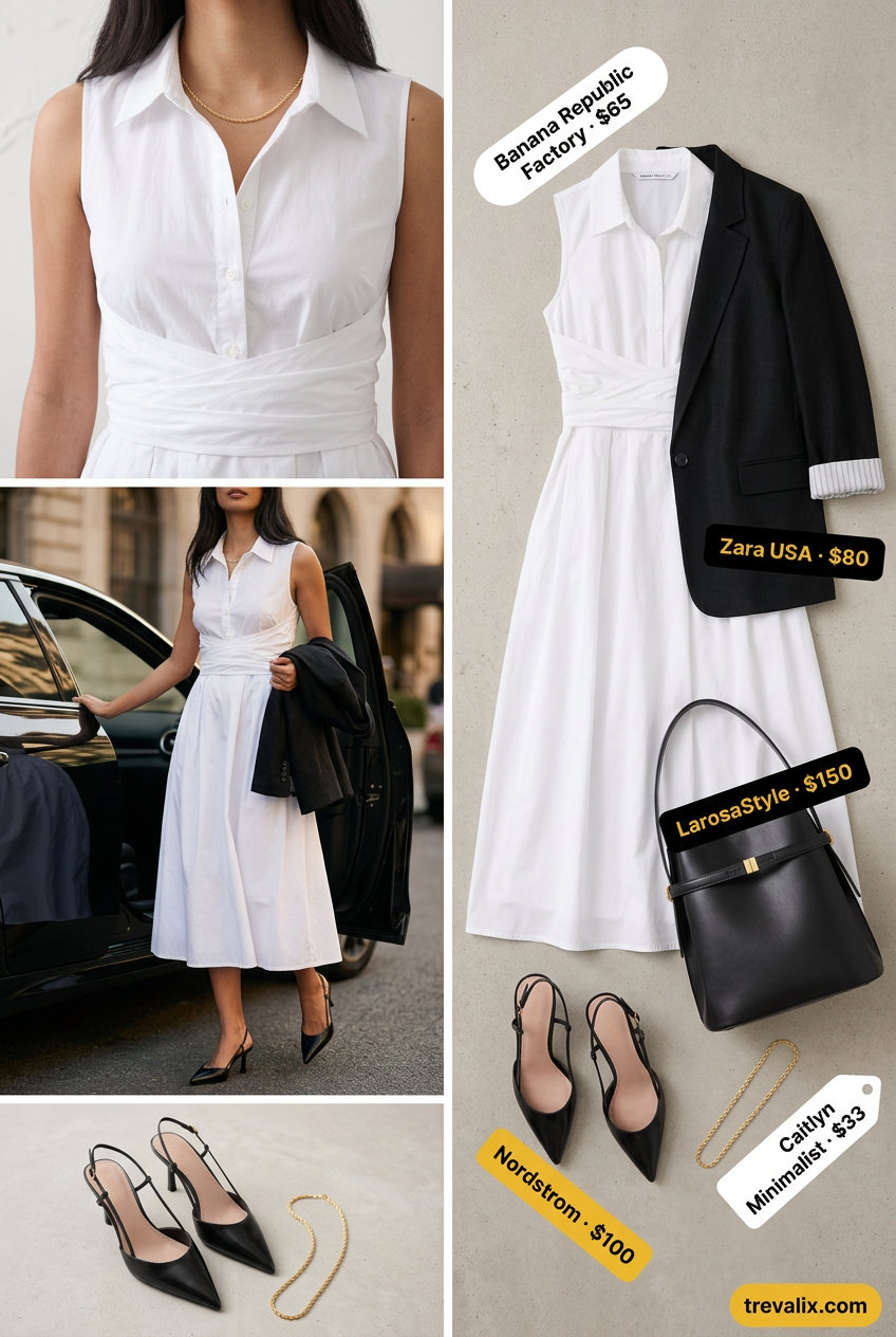 What to Wear with Sundress Summer 2026: White shirt sundress, black blazer, slingback heels, shoulder bag, gold necklace.