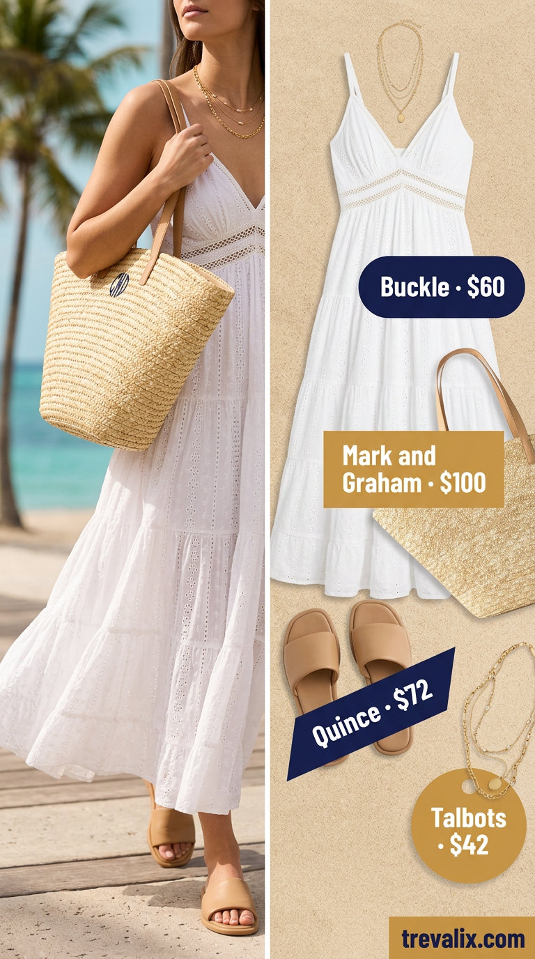 What to Wear with Sundress Summer 2026: White maxi sundress, straw tote, leather slides, and gold necklaces for a boho beach look.