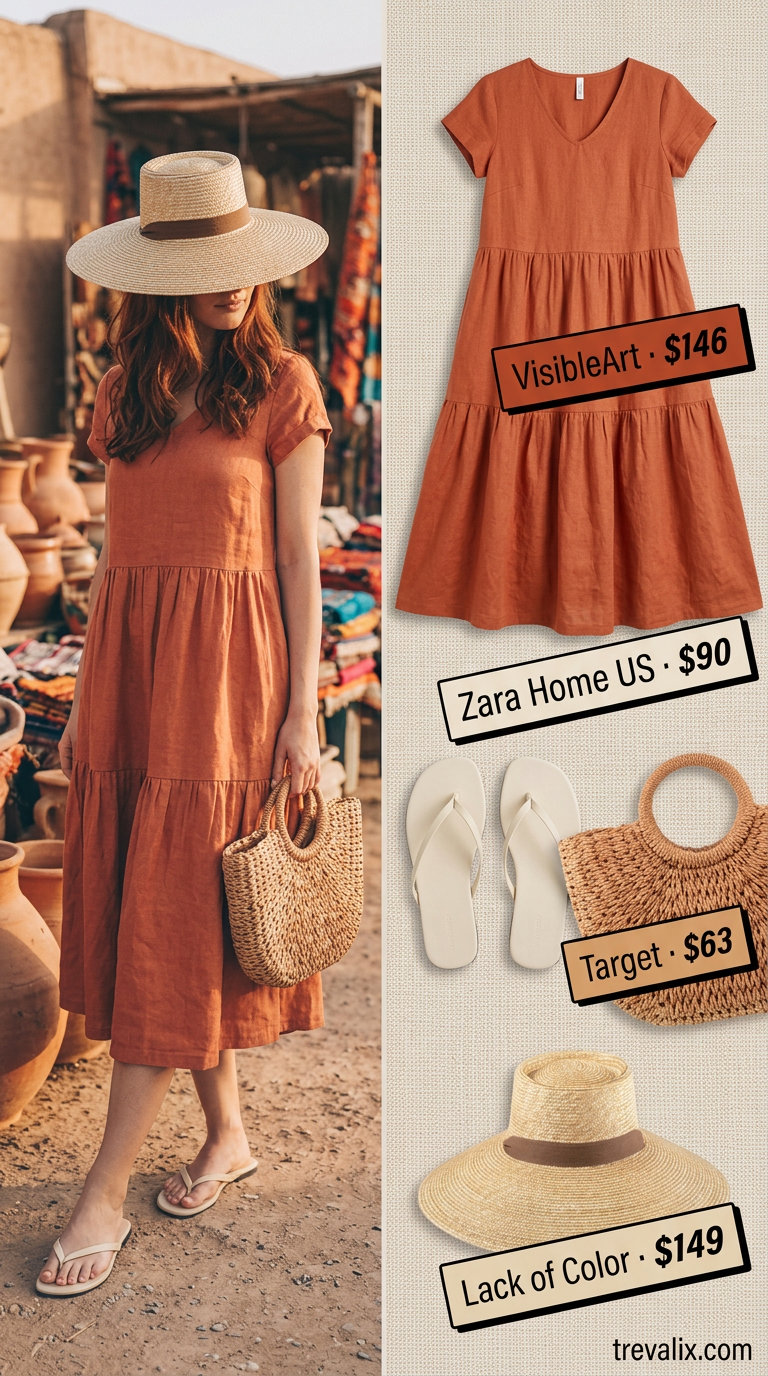 What to Wear with Sundress Summer 2026: Terracotta orange linen midi sundress, straw hat, tote bag, and strappy sandals.