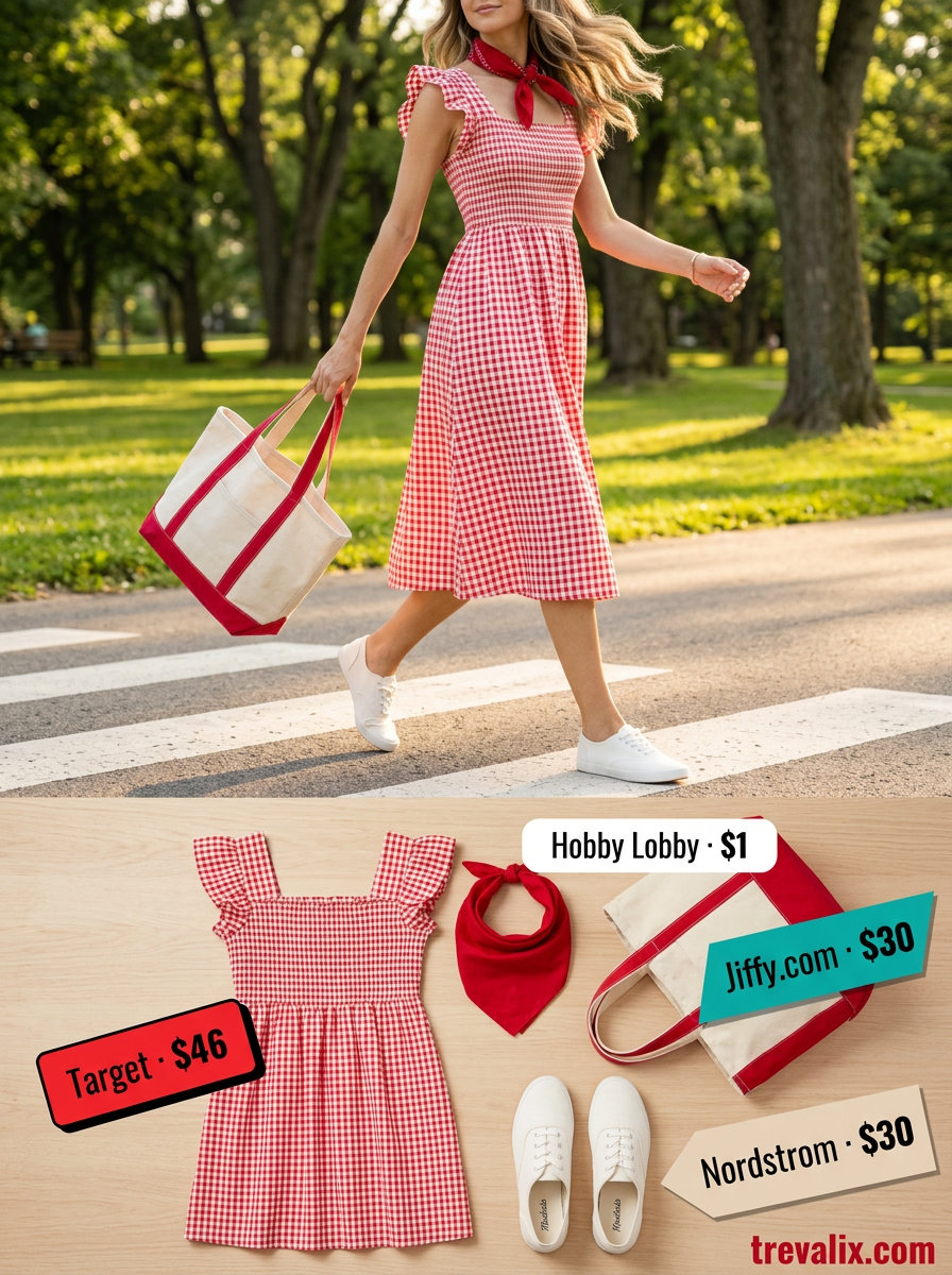 What to Wear with Sundress Summer 2026: Red gingham sundress, white sneakers, canvas tote for a picnic.