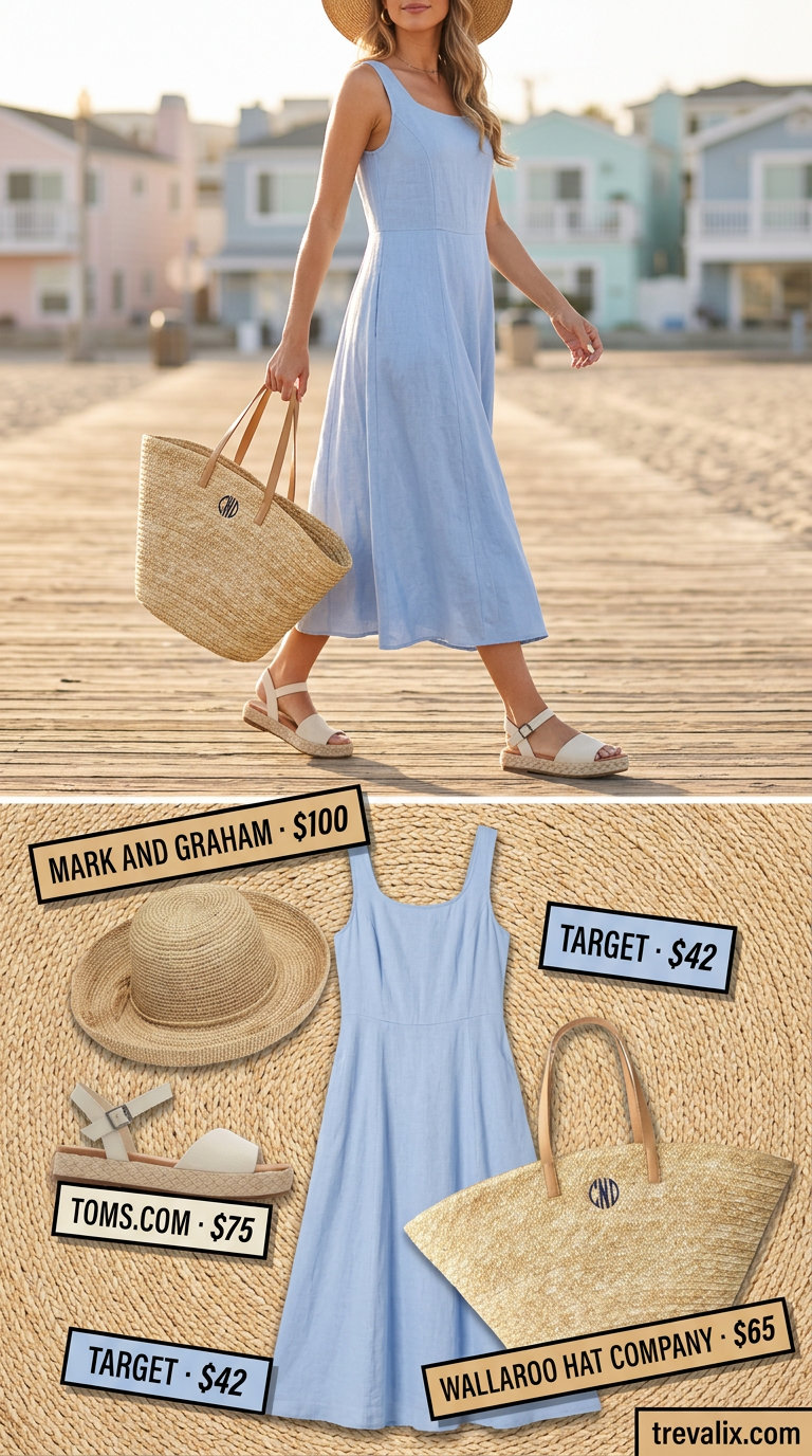 What to Wear with Sundress Summer 2026: Sky blue linen sundress, straw hat, espadrilles for a coastal vibe.