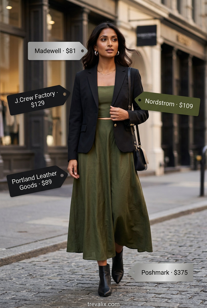 What to Wear with Sundress Summer 2026: Olive green sundress, black blazer, ankle boots for urban chic.