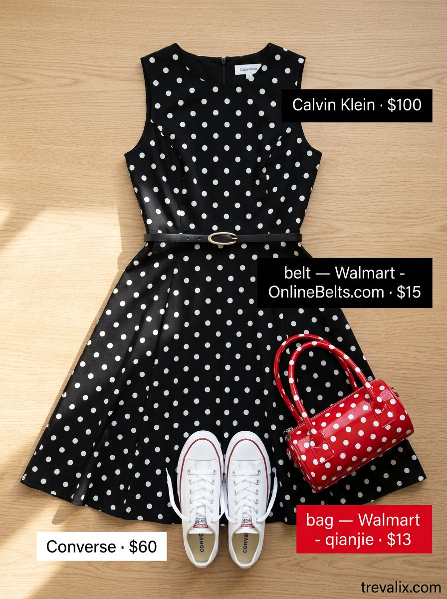 What to Wear with Sundress Summer 2026: Black polka dot midi sundress, white sneakers, thin belt, small red crossbody bag.