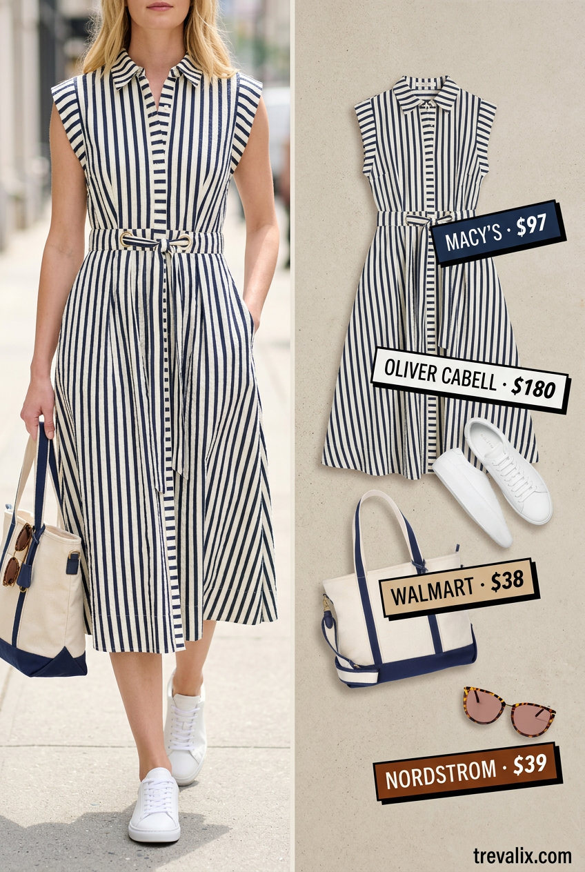 What to Wear with Sundress Summer 2026: Navy and white stripe shirt sundress, white sneakers, canvas tote, tortoiseshell sunglasses.
