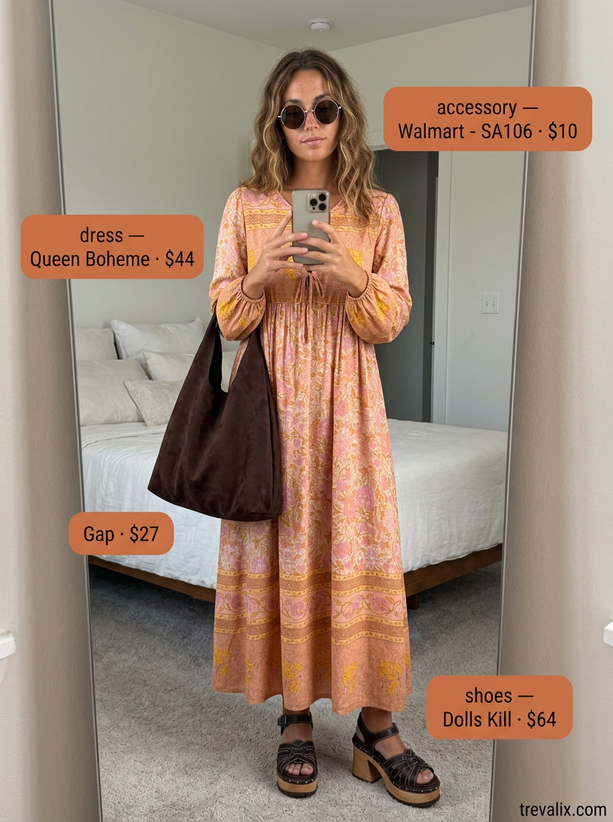 What to Wear with Sundress Summer 2026: Terracotta maxi sundress, brown shoulder bag, platform sandals for a retro vibe.