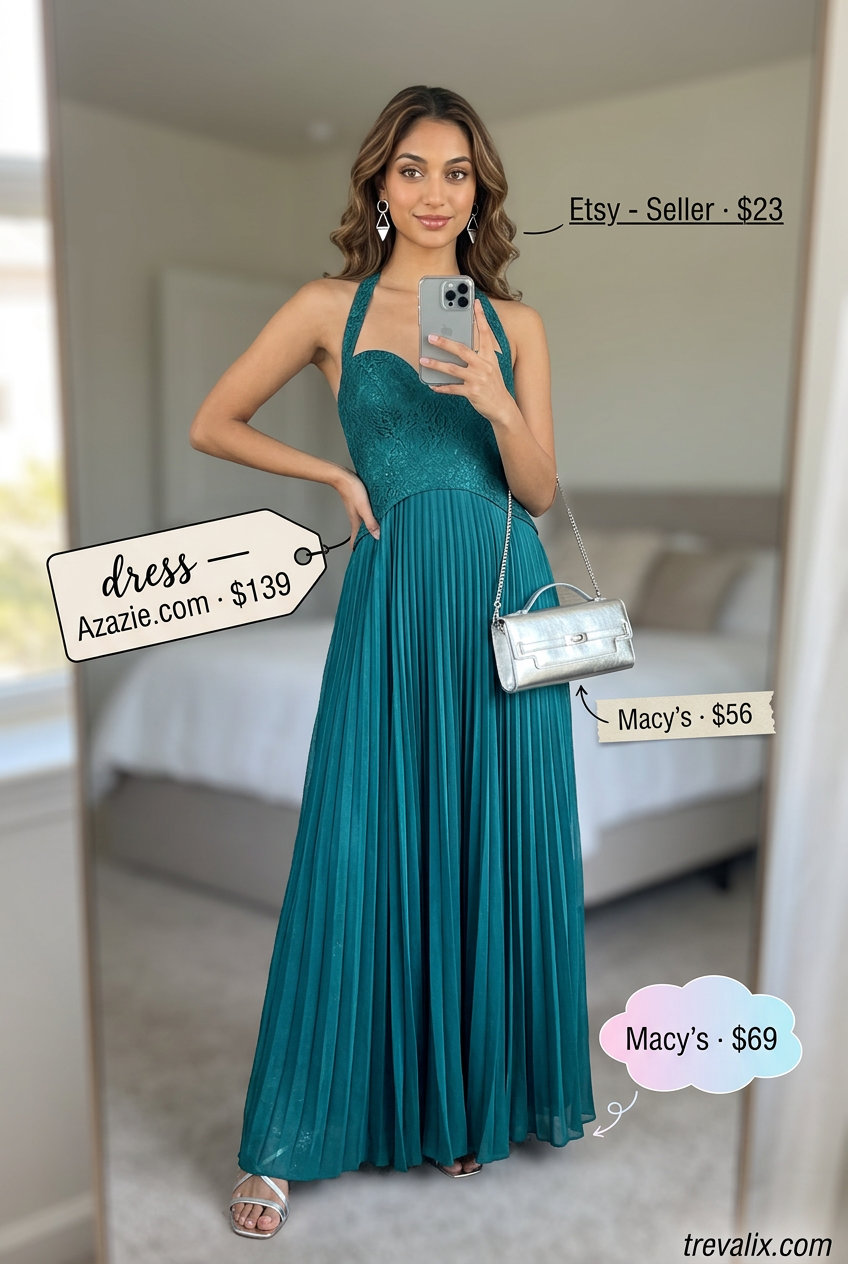 What to Wear with Sundress Summer 2026: Teal maxi sundress, metallic heels, silver earrings, and clutch for an elegant evening event.