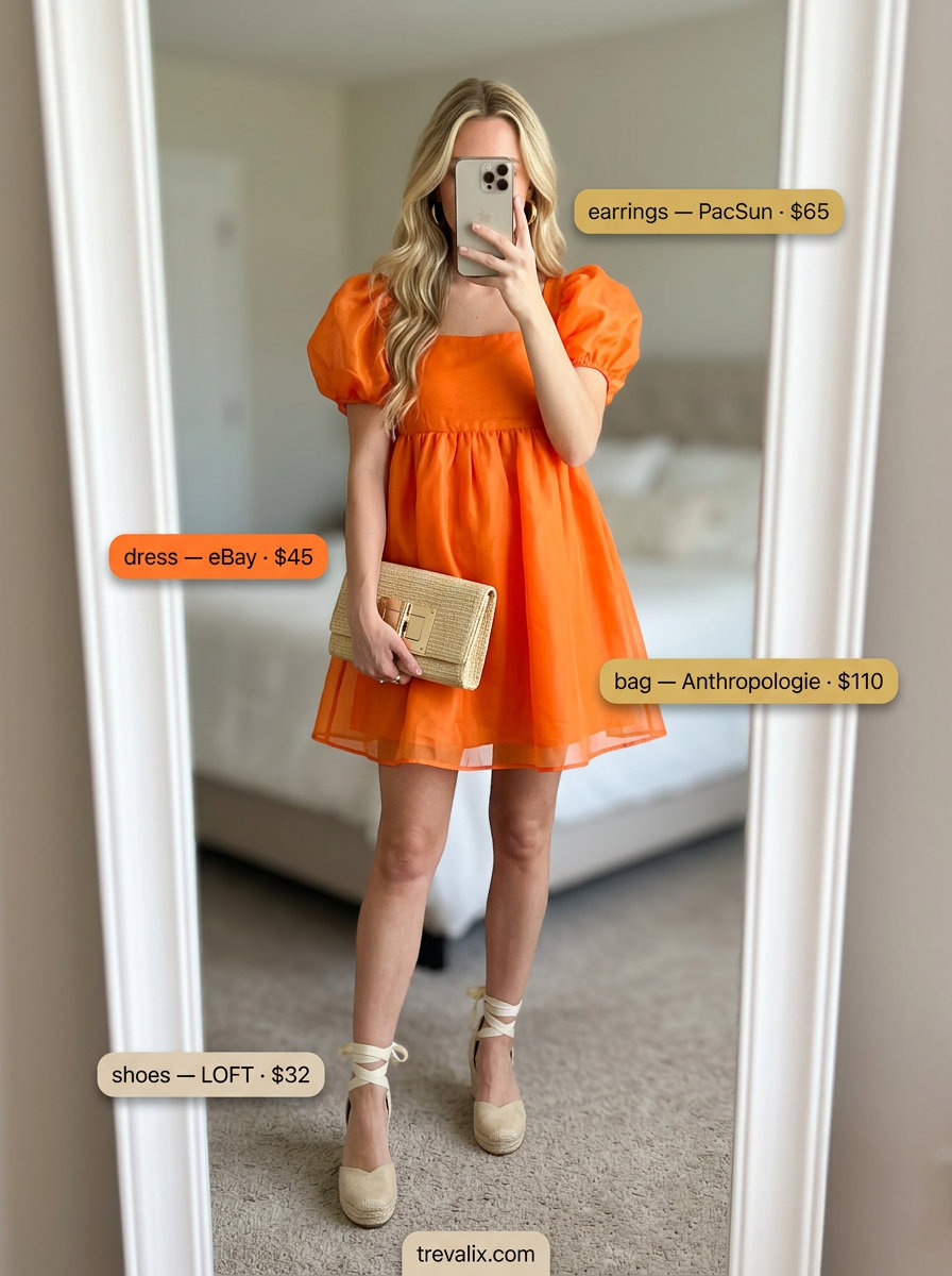 What to Wear with Sundress Summer 2026: Bright orange mini sundress, espadrille wedges, straw clutch, and gold hoops for a summer party.
