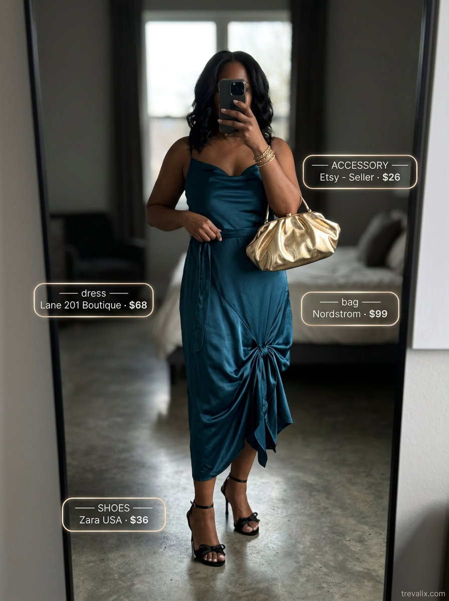 What to Wear with Sundress Summer 2026: Teal slip dress, strappy heels, gold bracelet, and clutch for an elegant date night.