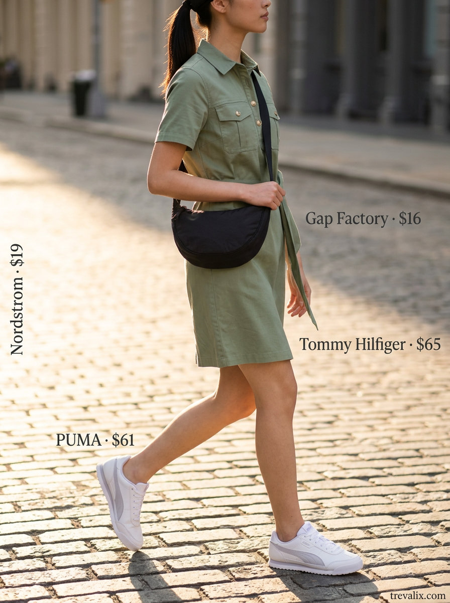 What to Wear with Sundress Summer 2026: Khaki utility sundress, white sneakers, black cap, and crossbody bag for city exploration.