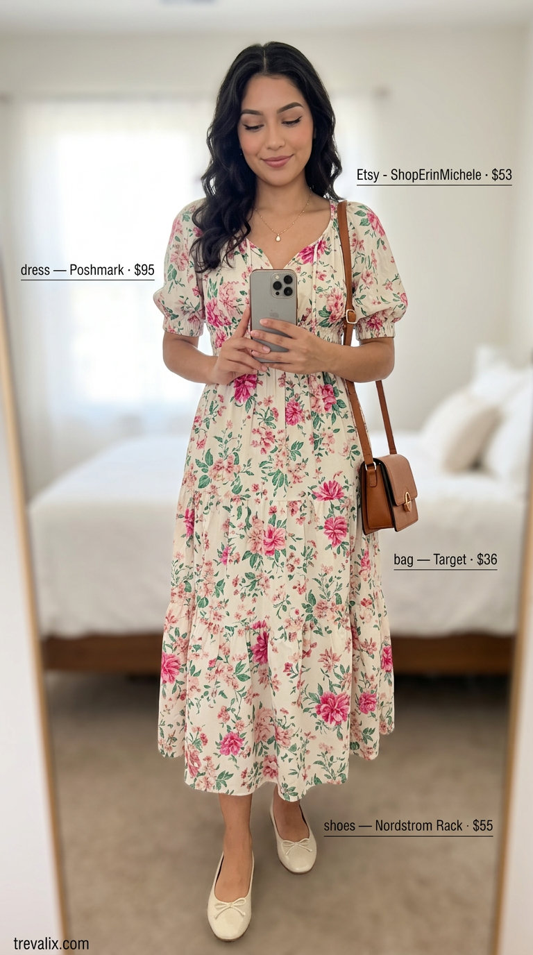 What to Wear with Sundress Summer 2026: Pastel floral midi sundress, ballet flats, pendant necklace, tan crossbody bag.
