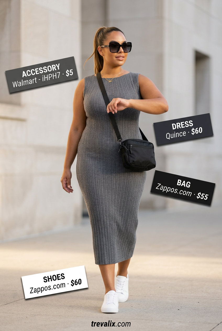 What to Wear with Sundress Summer 2026: Grey knit sundress, white sneakers, black crossbody bag for a comfortable weekend getaway.