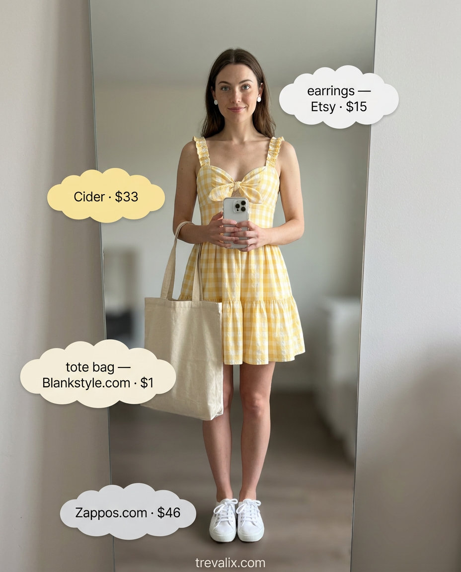 What to Wear with Sundress Summer 2026: Yellow gingham sundress, white sneakers, canvas tote for a casual day.