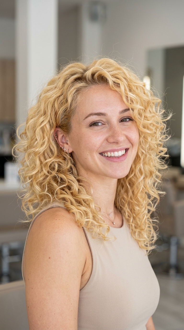 long curly haircut in pale white gold with yellow-gold warmth for vibrant style