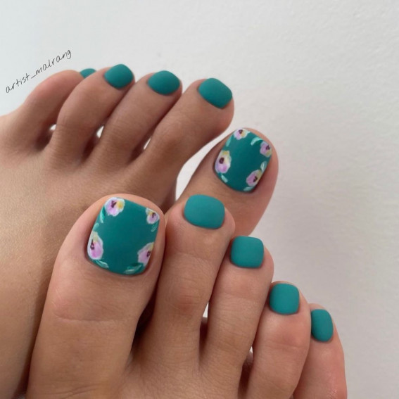 Matte Teal Green Floral Art Toes Matte Teal Green Floral Art Toes — Green Toe Nails 2027