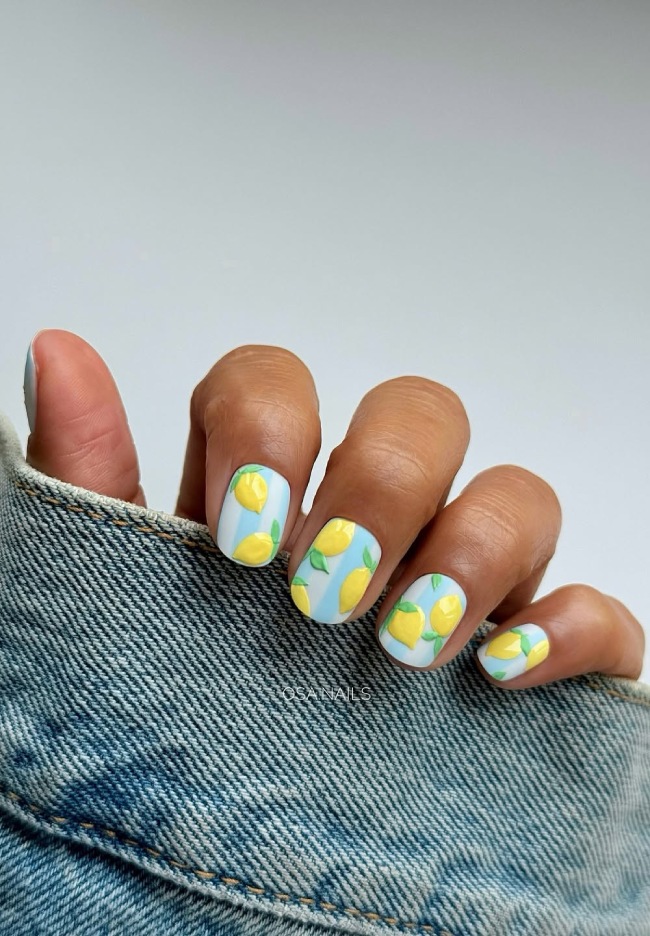 Light Blue Square Nails with Lemon Accents — Yellow Nails 2027