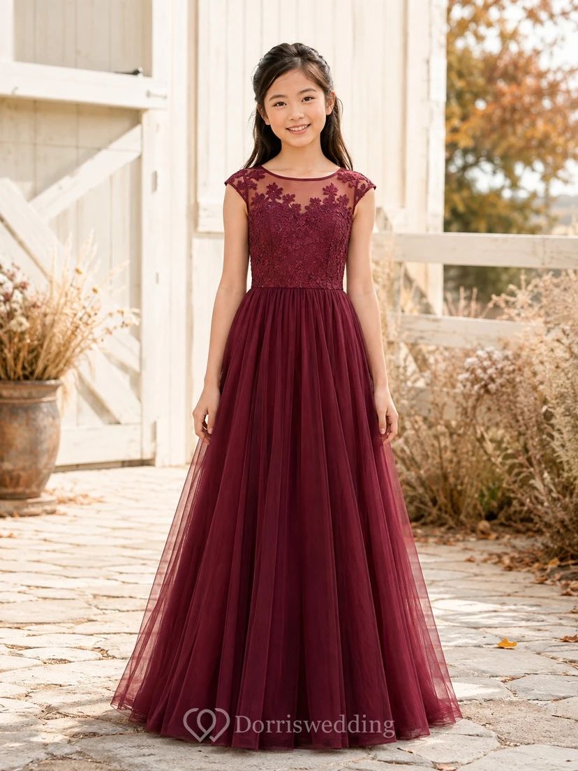 Burgundy Lace Bodice Meets Full Tulle Skirt Burgundy Lace Bodice Meets Full Tulle Skirt — Junior Bridesmaid Dress 2027