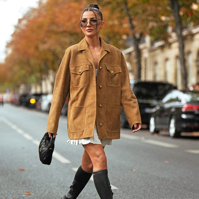 Street Style: Brown Suede Shacket with Mini Dress and Knee-High Boots — Shacket Outfits 2027