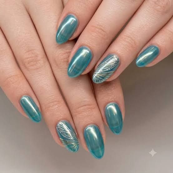 Reflective Teal Chrome Dragonfly Wing Nails — Teal Nails 2027