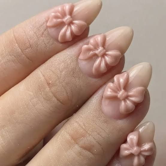 Pale Pink Almond with 3D Bow Accents Pale Pink Almond with 3D Bow Accents — Long Bow Nails 2027