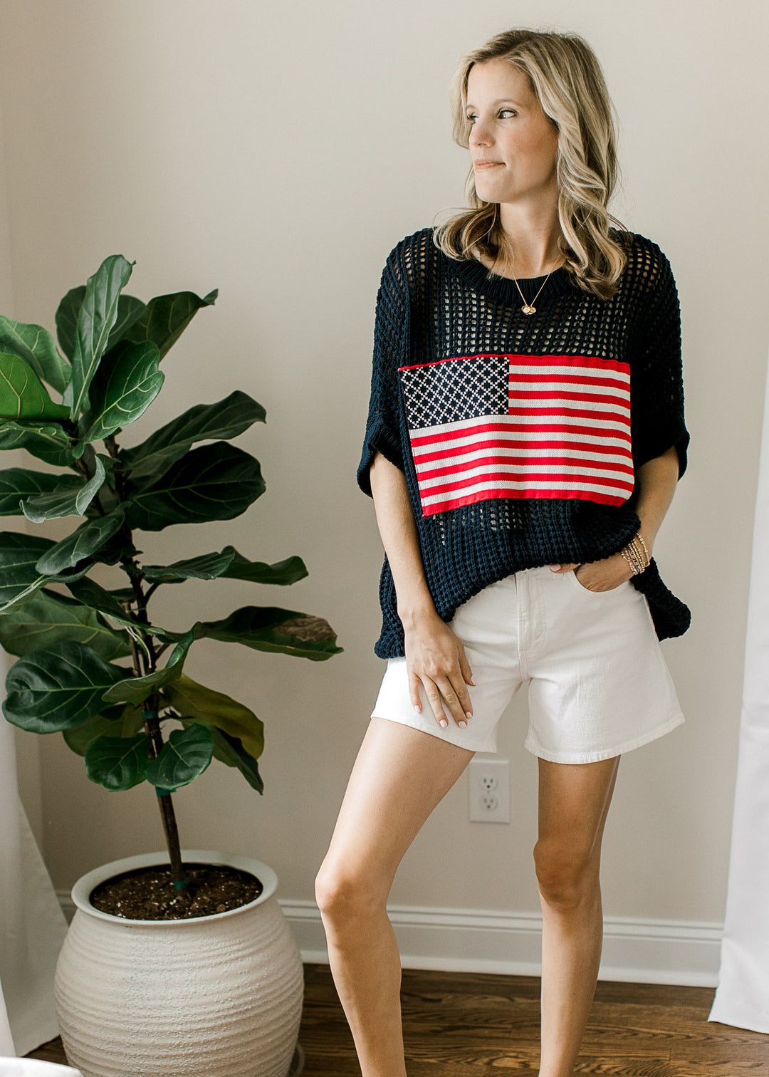 Flag Detail Knit Sweater with White Shorts Flag Detail Knit Sweater with White Shorts — Classic Americana Outfits 2027