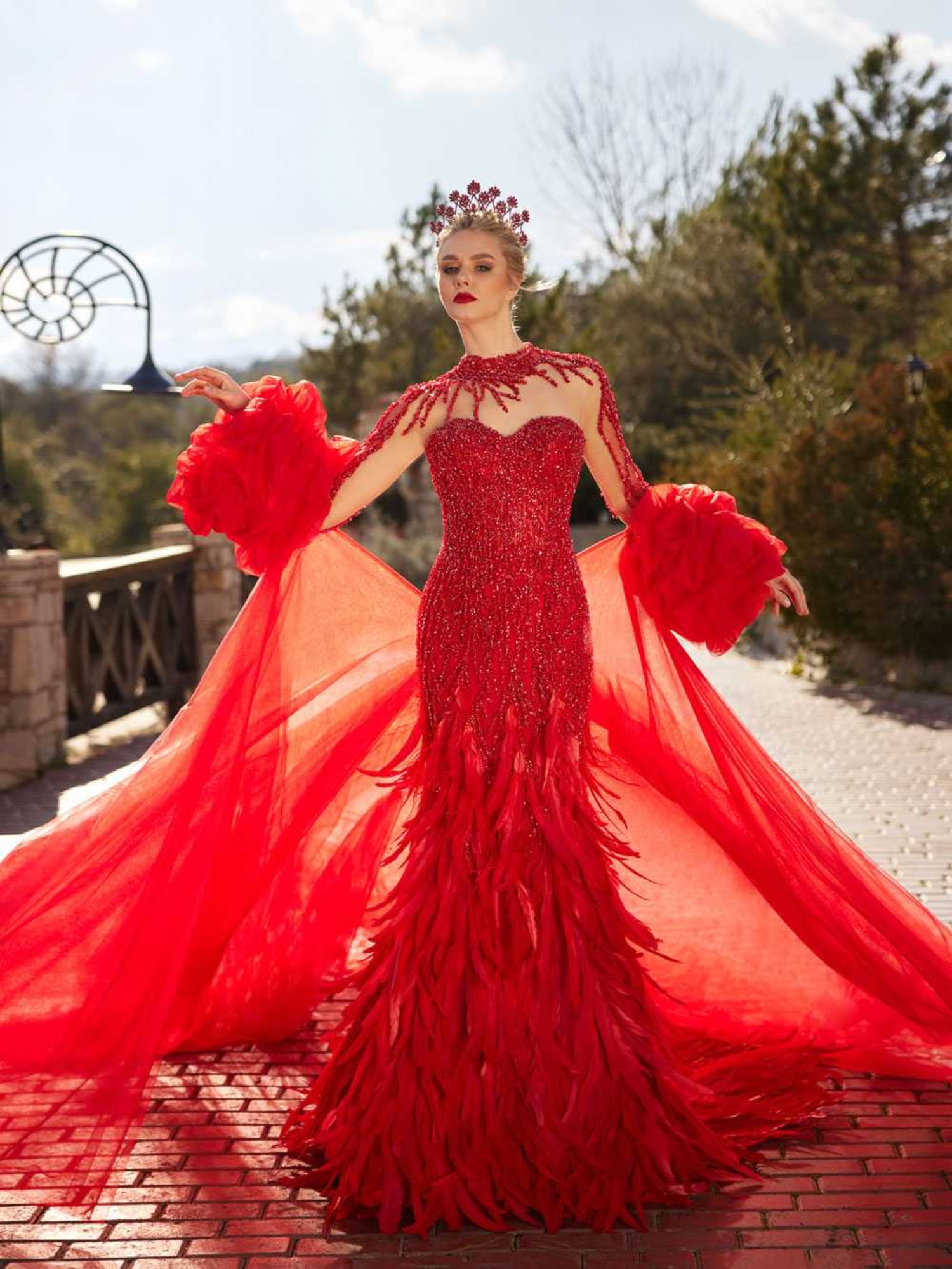 Vibrant Red Embellished Mermaid Gown with Feathered Train Vibrant Red Embellished Mermaid Gown with Feathered Train — Mermaid Dresses 2027