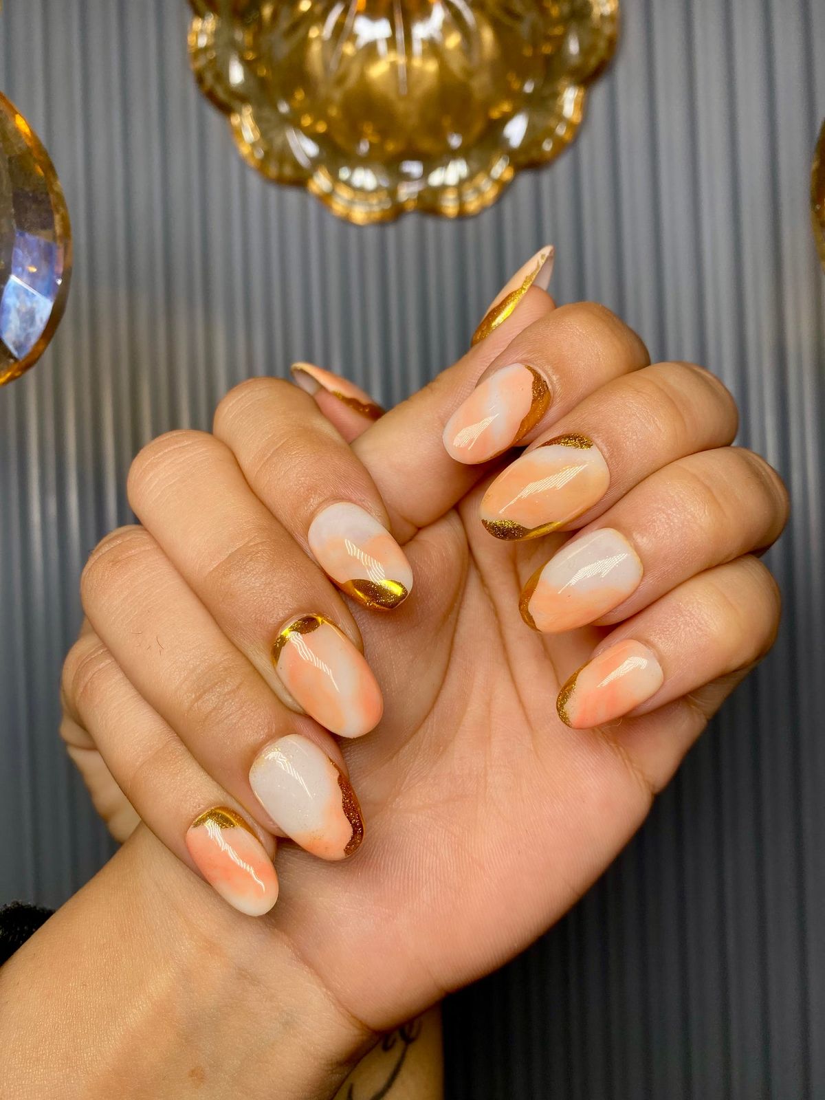 Peach Ombre Chrome with Gold Foil Accents Peach Ombre Chrome with Gold Foil Accents — Peach Chrome Nails 2027