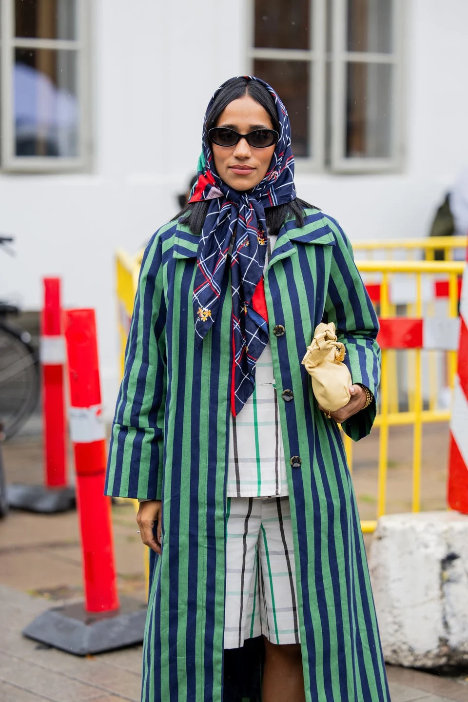 Pattern Play: Striped Coat with Plaid and Scarf Accent Pattern Play: Striped Coat with Plaid and Scarf Accent — Hair Scarf Outfits 2027