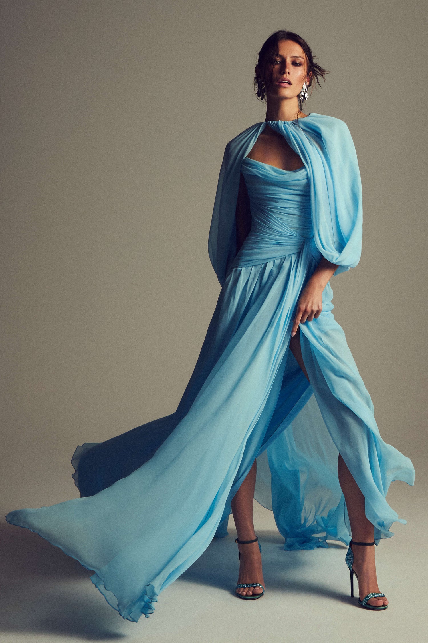 Sky Blue Chiffon Dress with Draped Bodice and Cape Sleeves — Silk Dresses 2027