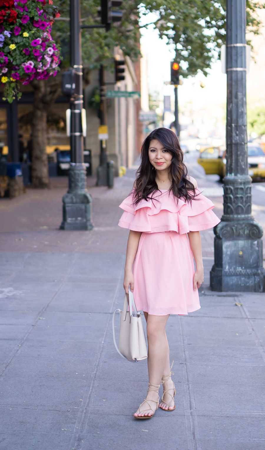 Pink Off-the-Shoulder Ruffled Mini Dress with Gladiator Sandals Pink Off-the-Shoulder Ruffled Mini Dress with Gladiator Sandals — Dress 2027 with Sandals Outfit