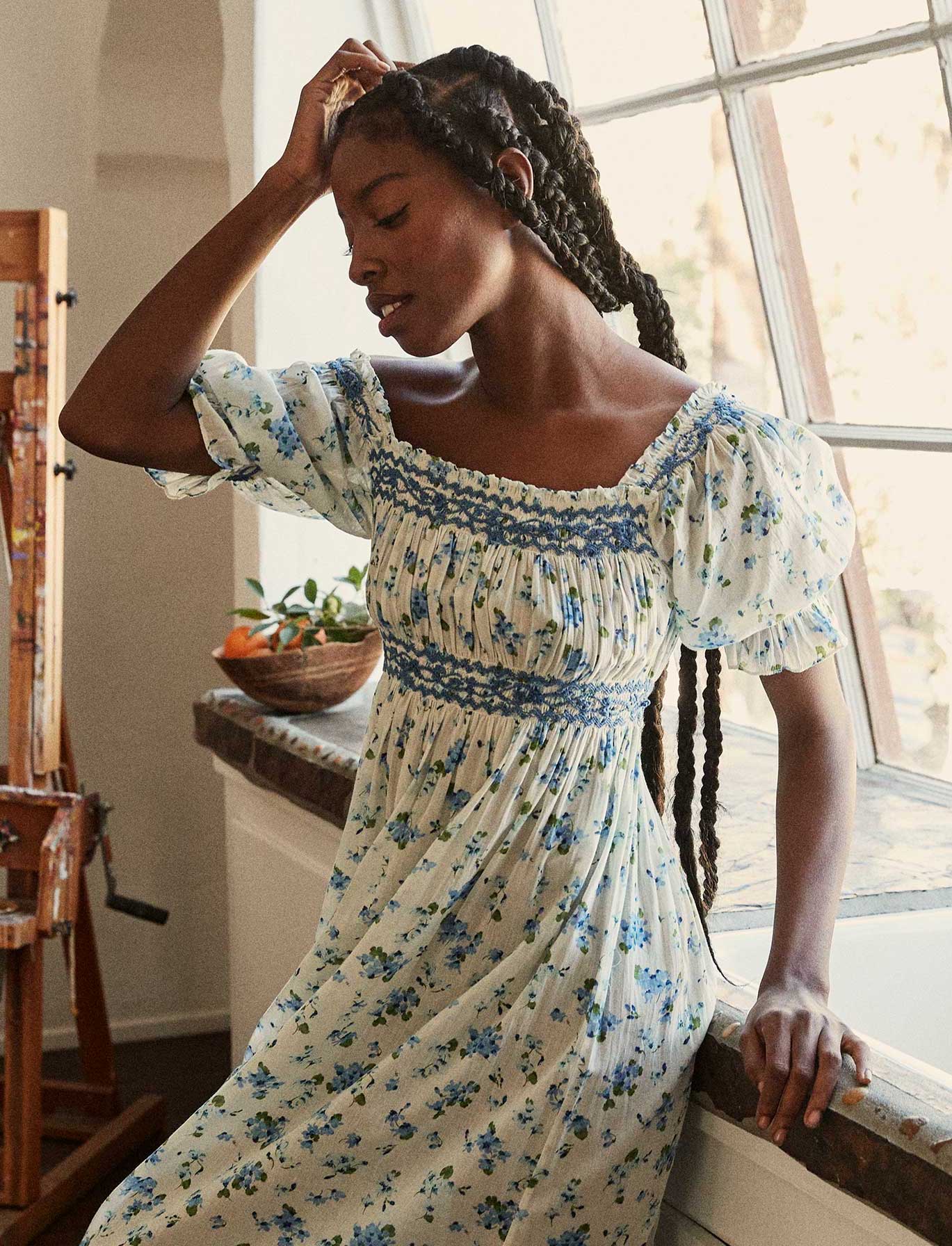 White Blue Floral Milkmaid Dress with Smocked Bodice and Espadrille Wedges White Blue Floral Milkmaid Dress with Smocked Bodice and Espadrille Wedges — Milkmaid Dresses 2027