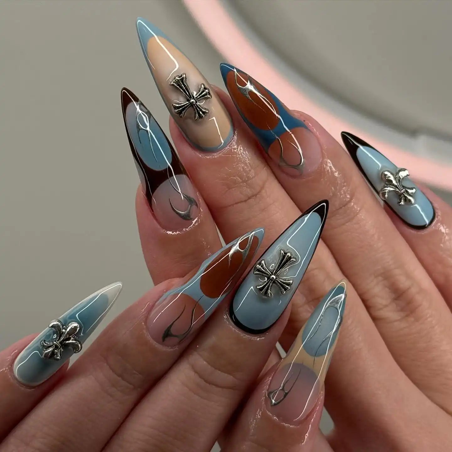 Extra Long Stiletto Abstract Color Block Cross Charms Extra Long Stiletto Abstract Color Block Cross Charms — Long Almond Nails 2027