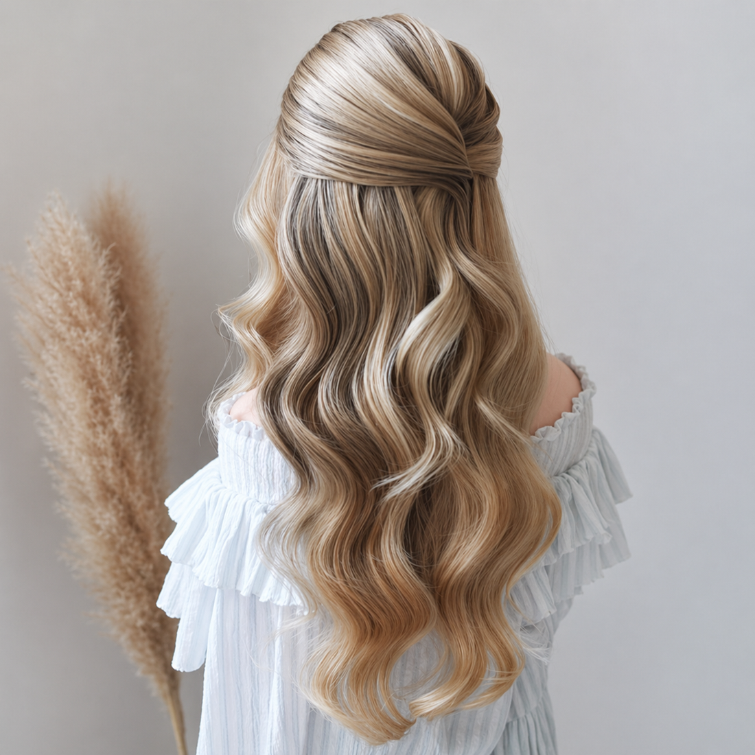 Blonde Half Updo With Loose Waves Blonde Half Updo With Loose Waves — Halo Extensions Hairstyles 2027