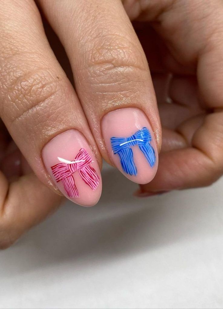 Short Oval Pale Nude Blue Bow Nails Short Oval Pale Nude Blue Bow Nails — Simple Bow Nails 2027