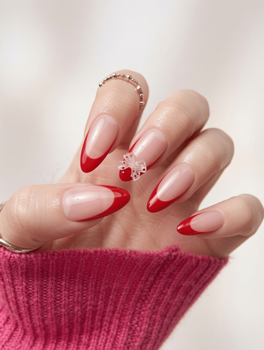 Long Stiletto Red French with White Flower Long Stiletto Red French with White Flower — Pink and Red Nails 2027