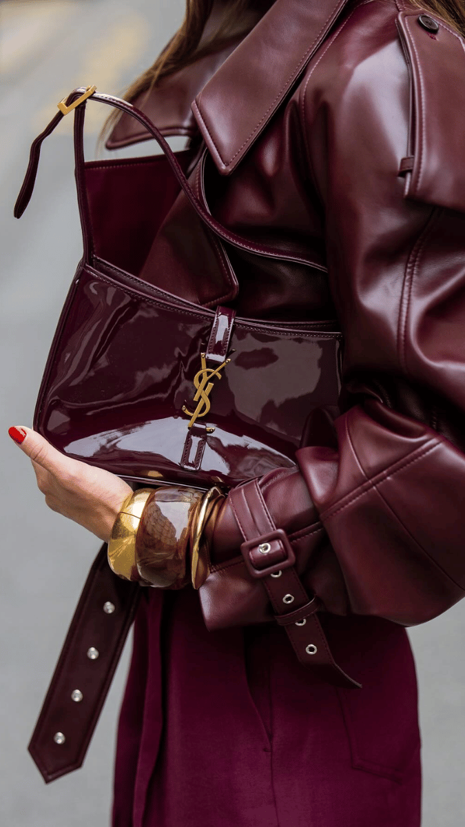 Smart Casual Burgundy Patent Leather Trench Coat Ensemble — Burgundy Outfits 2027