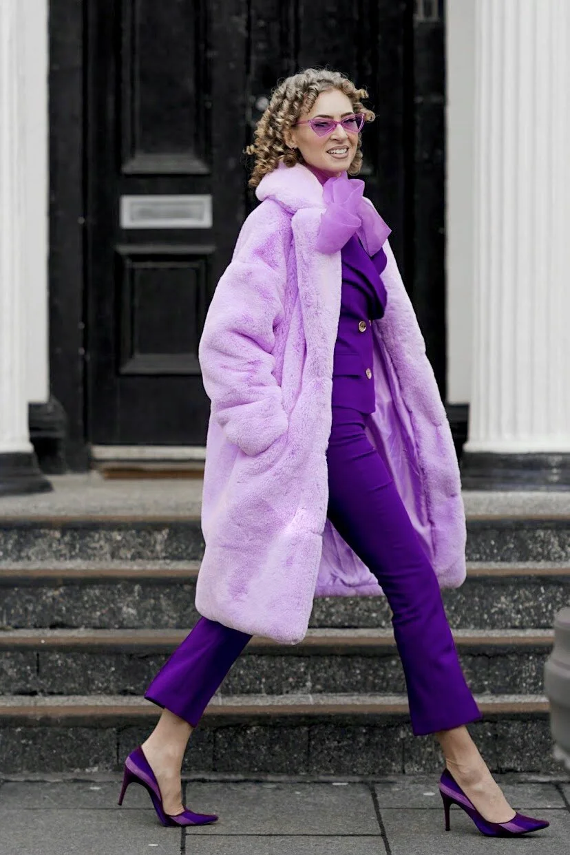 Statement Lilac Faux Fur Coat Over Tailored Suit Statement Lilac Faux Fur Coat Over Tailored Suit — Lilac Outfits 2027