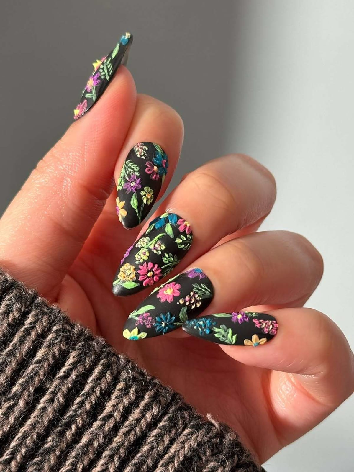 Matte Black with 3D Glossy Florals Matte Black with 3D Glossy Florals — Nails That Last 2027