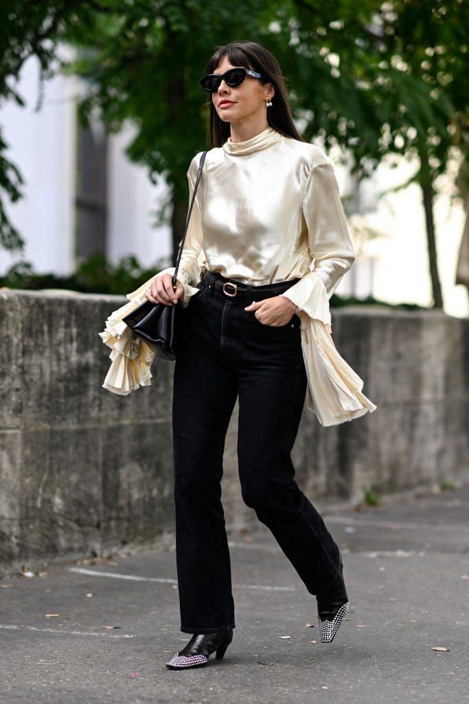 Cream Satin Blouse with Statement Sleeves and Wide-Leg Jeans: Sophisticated Contrast Cream Satin Blouse with Statement Sleeves and Wide-Leg Jeans: Sophisticated Contrast — Date Night Blouse Outfits 2027