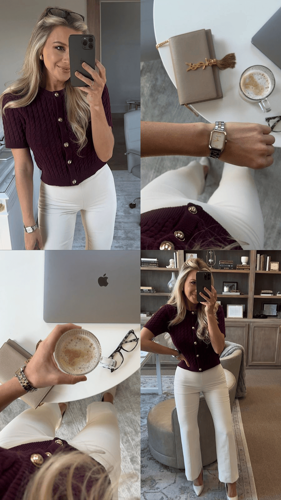 Burgundy Knit Cardigan with White Trousers and Gold Accents — Spring Outfits 2027 for Work