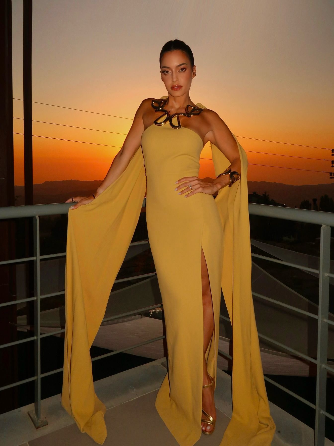 Ochre Yellow Strapless Gown with Cape Sleeves — Summer Wedding Outfits 2027