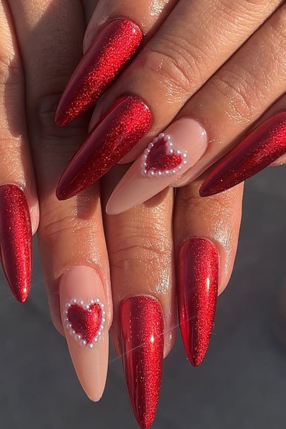 Metallic Glitter With 3D Pearl Hearts Metallic Glitter With 3D Pearl Hearts — Red Valentines Nails 2027