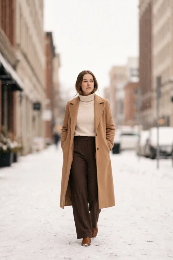 Winter Warmth: Camel Coat with Cream Knit and Brown Boots — Camel Coat Outfits 2027