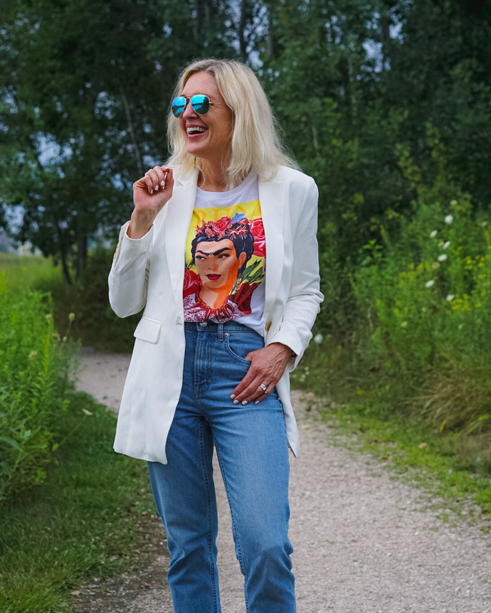 Light Blue Straight Leg Jeans Styled with a White Blazer — Straight Leg Jeans Outfits 2027 with Graphic Tee