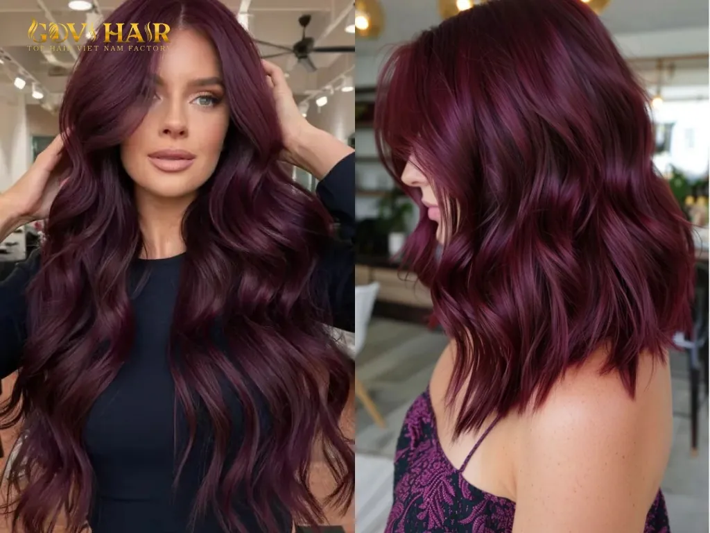 Deep Plum Waves With Curtain Bangs Deep Plum Waves With Curtain Bangs — Plum Hair 2027