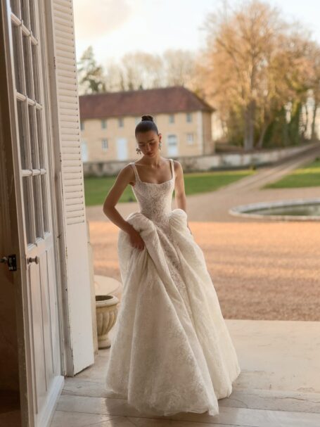 Ivory Lace and Satin A-Line Wedding Dress with Architectural Square Neckline Ivory Lace and Satin A-Line Wedding Dress with Architectural Square Neckline — Square Neck Wedding Dresses 2027