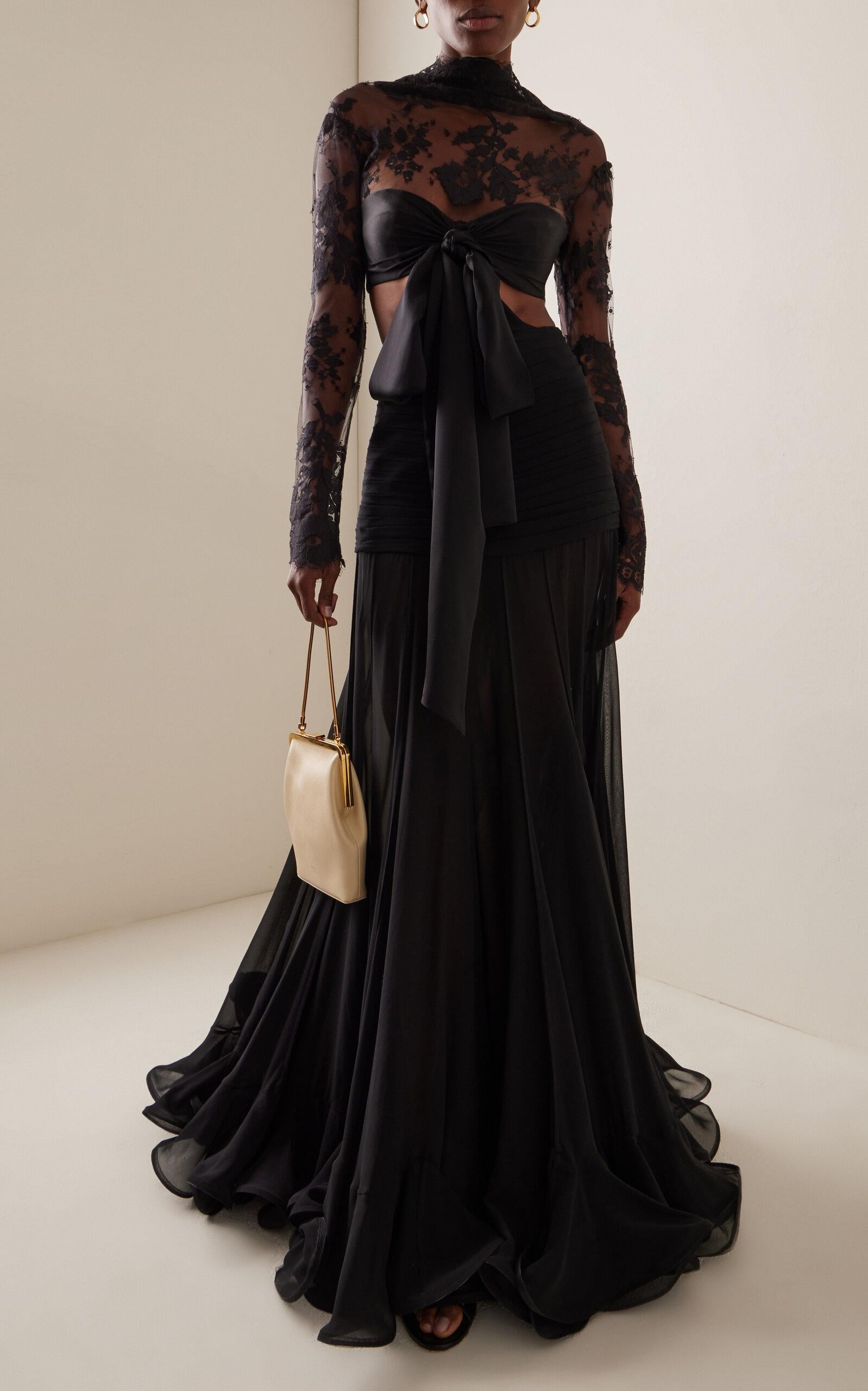 Dramatic Black Gown with Lace Sleeves and Bodice Bow Dramatic Black Gown with Lace Sleeves and Bodice Bow — Bows and Lace Outfits 2027