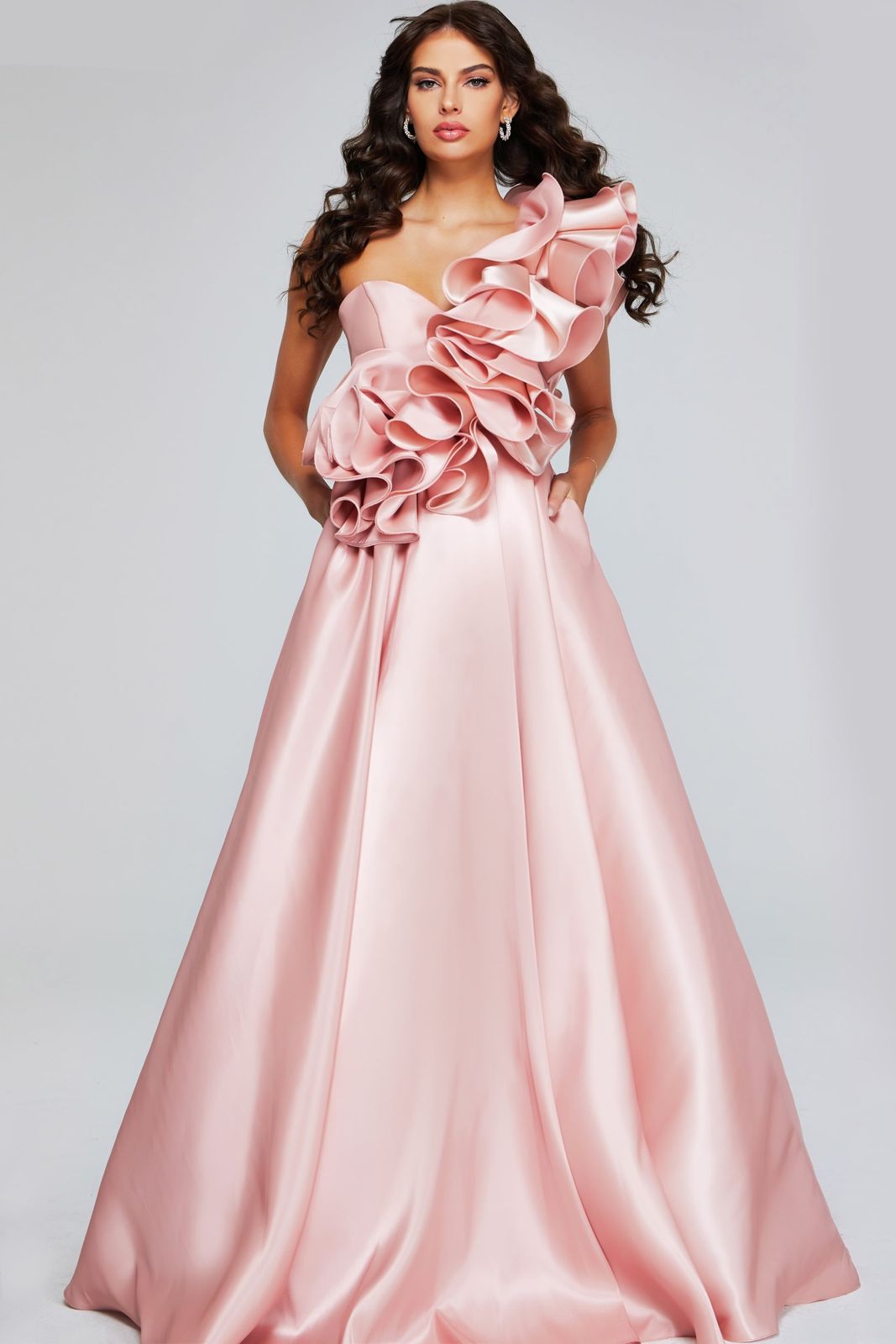 Blush Pink Satin One-Shoulder Gown with Ruffled Bodice Blush Pink Satin One-Shoulder Gown with Ruffled Bodice — Blush Rehearsal Dinner Dress 2027
