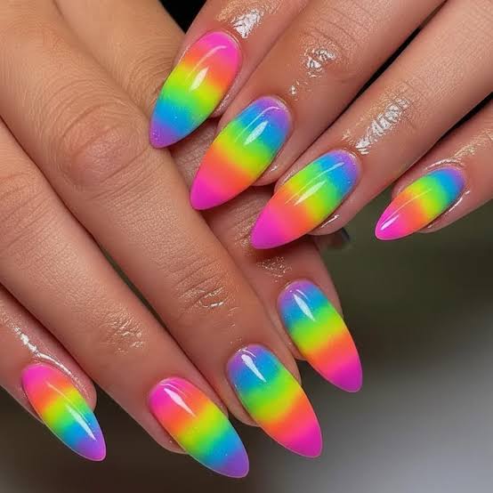 Vibrant Horizontal Rainbow Gradient Almonds Vibrant Horizontal Rainbow Gradient Almonds — Rainbow Nails 2027