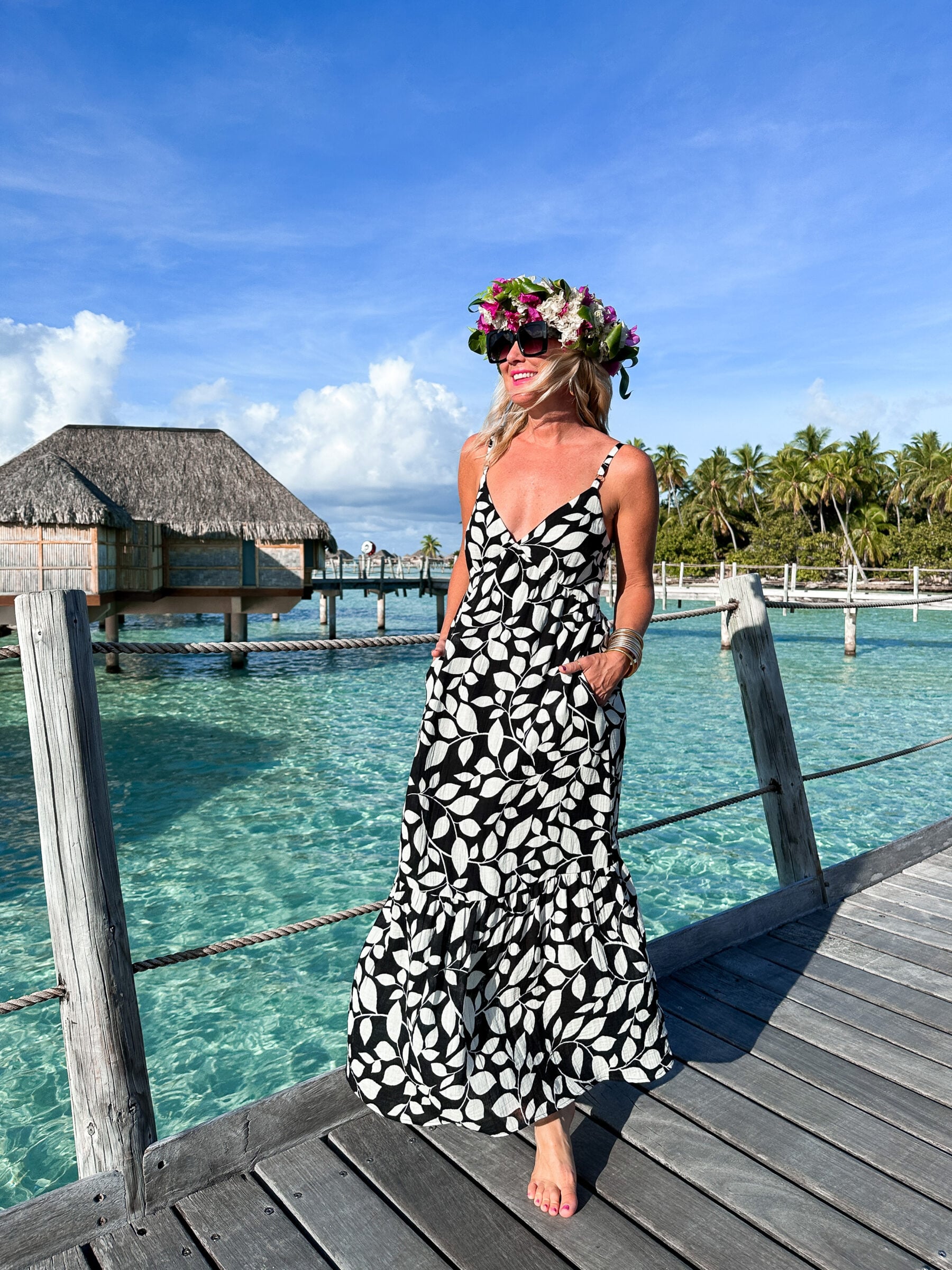 Bold Print Paradise: Leaf-Print Maxi Dress with Flower Crown Bold Print Paradise: Leaf-Print Maxi Dress with Flower Crown — Bora Bora Outfits 2027